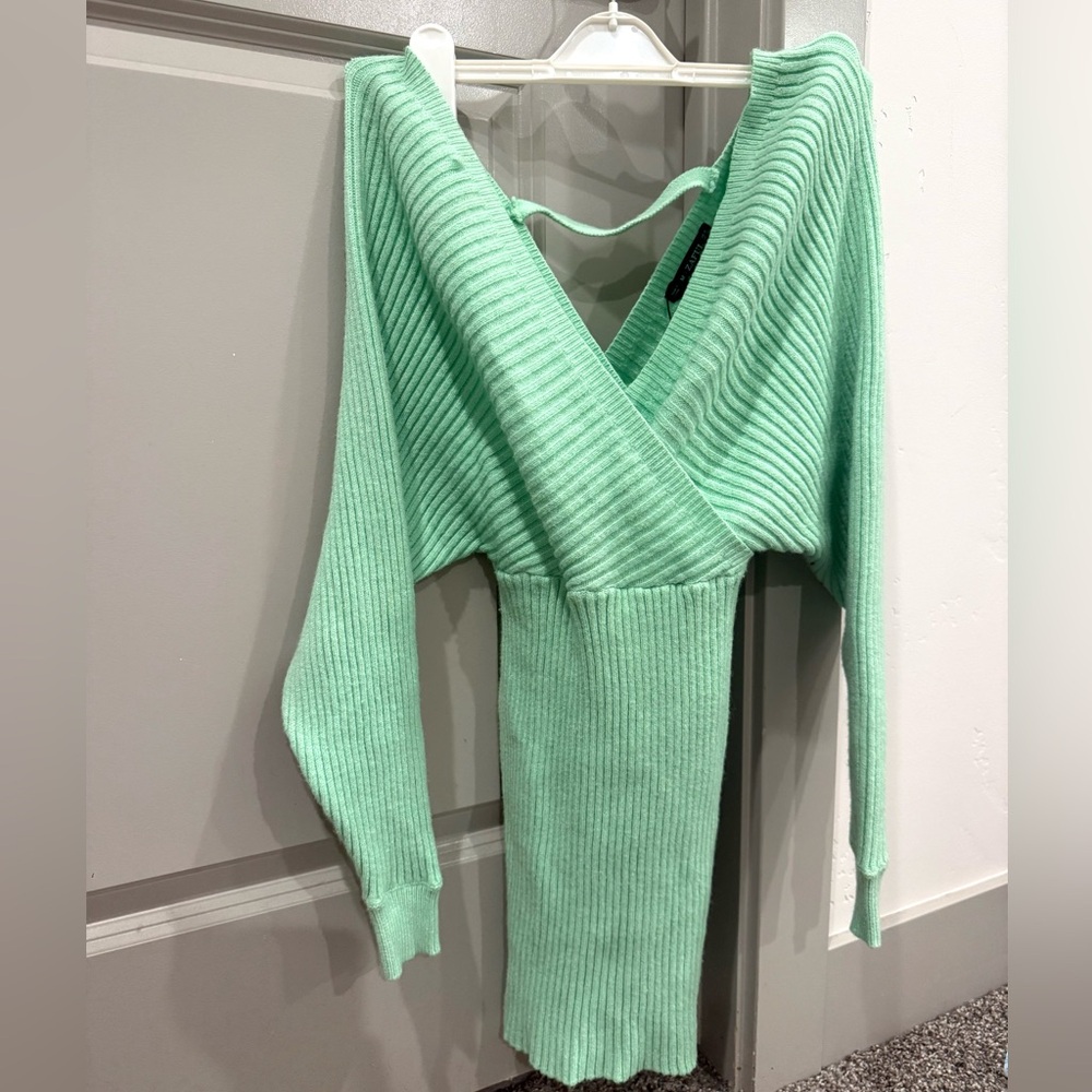 Zaful Mint Off-the-Shoulder Ribbed Sweater